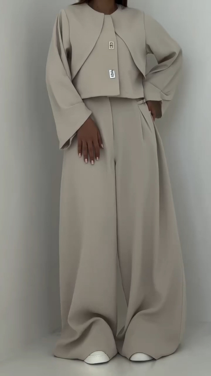 Ladies Round Neck Patchwork Jacket + Pants with A Casual Temperament Suit