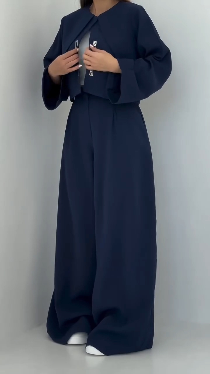 Ladies Round Neck Patchwork Jacket + Pants with A Casual Temperament Suit