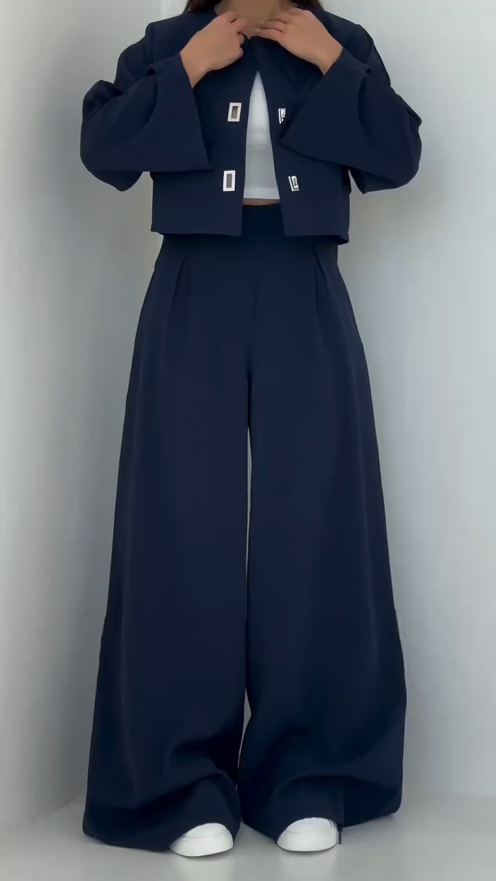 Ladies Round Neck Patchwork Jacket + Pants with A Casual Temperament Suit