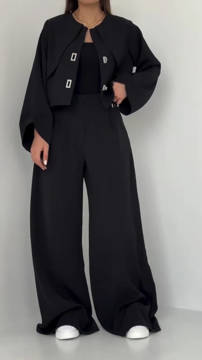 Ladies Round Neck Patchwork Jacket + Pants with A Casual Temperament Suit