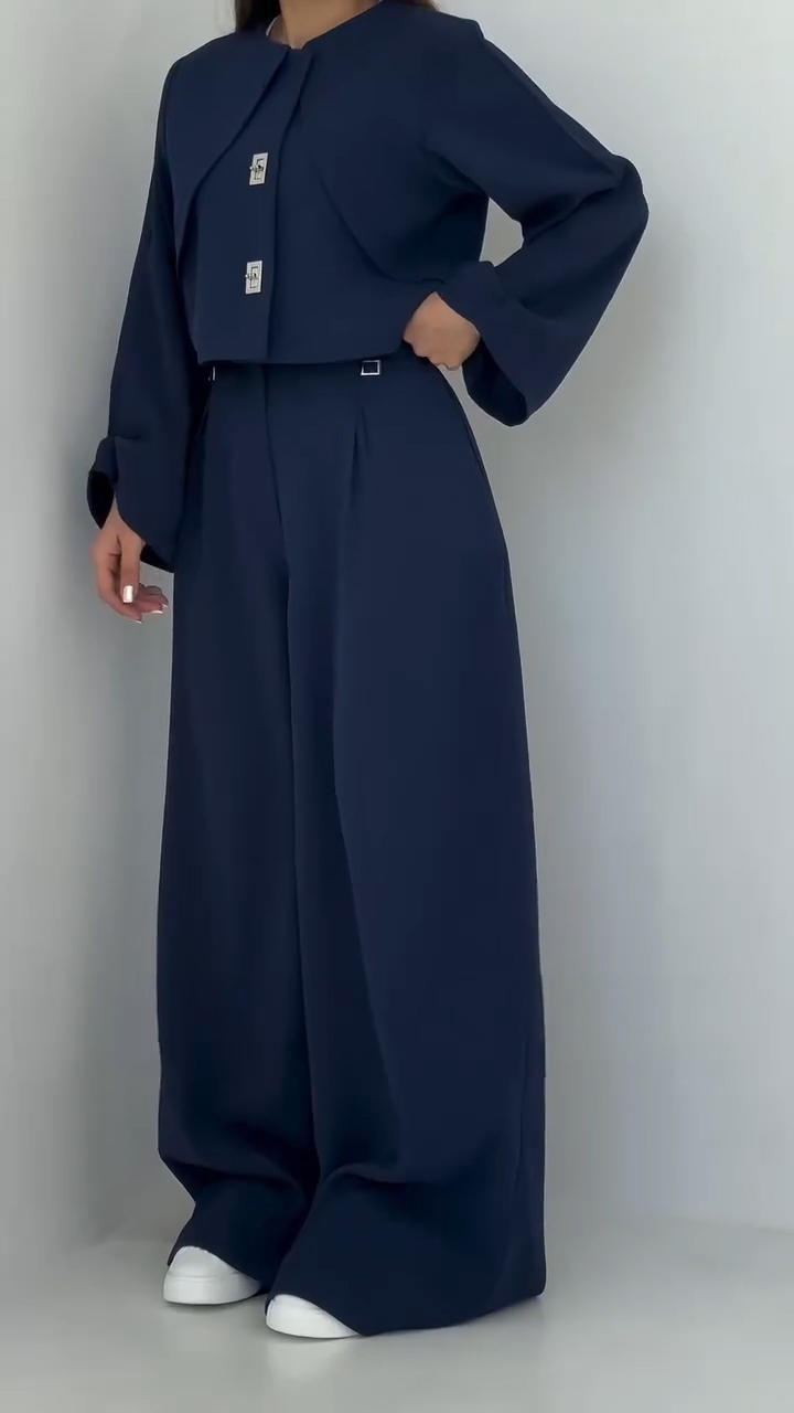 Ladies Round Neck Patchwork Jacket + Pants with A Casual Temperament Suit