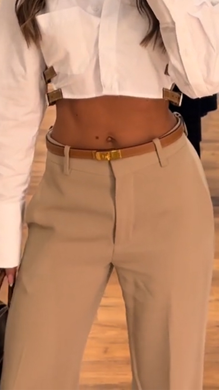 Women's Autumn White Casual Cotton And Linen Side Trim Commuter Shirt+Pants Set