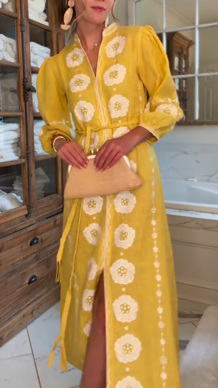 Ladies V-neck Printed Slit Casual Dress