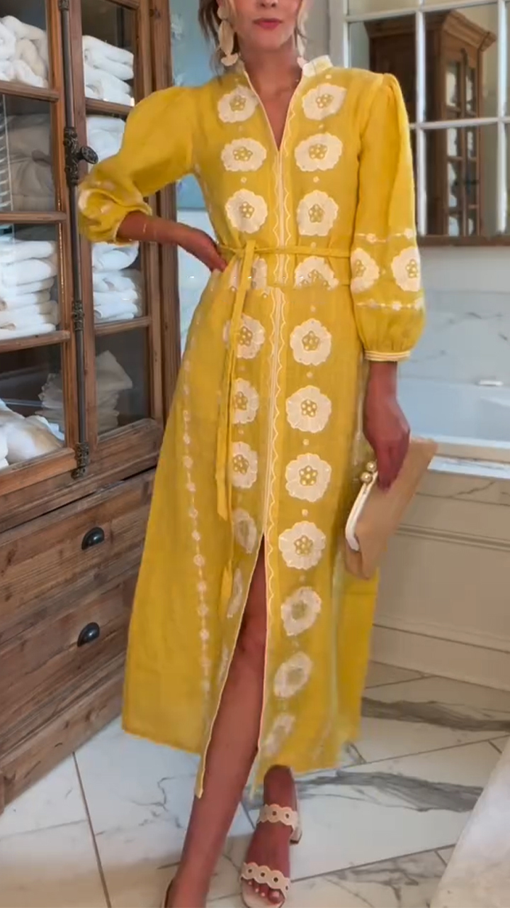 Ladies V-neck Printed Slit Casual Dress