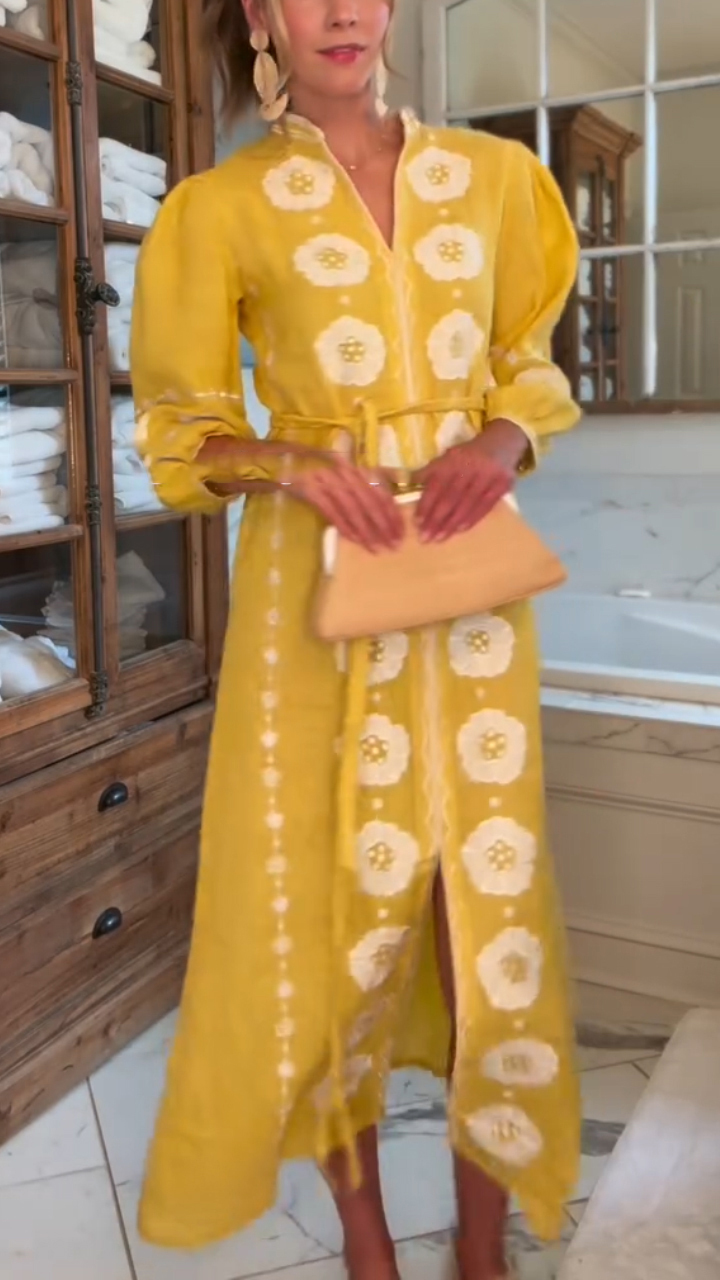 Ladies V-neck Printed Slit Casual Dress