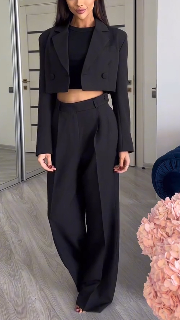 Women Collar Jacket+ Pants Solid Color Temperament Casual Suit