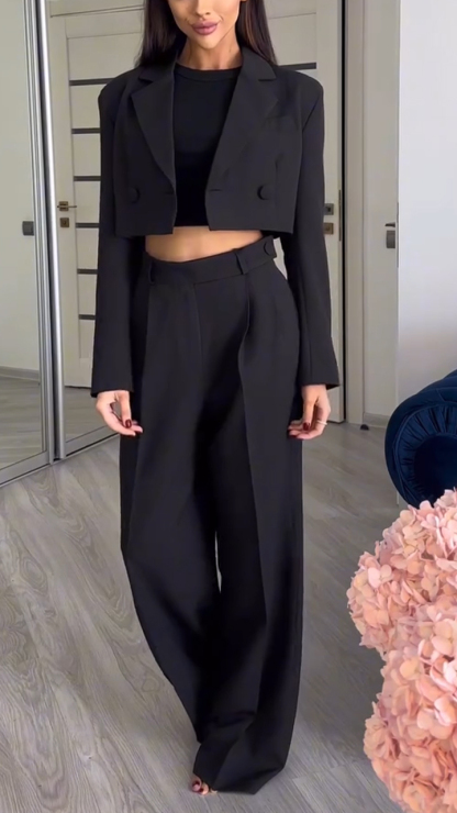 Women Collar Jacket+ Pants Solid Color Temperament Casual Suit