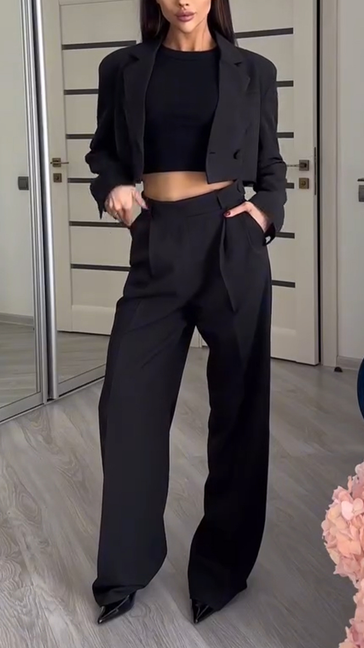 Women Collar Jacket+ Pants Solid Color Temperament Casual Suit