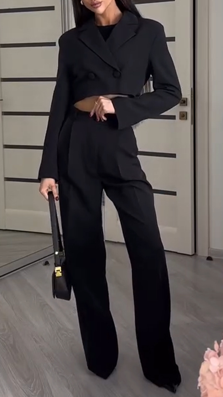 Women Collar Jacket+ Pants Solid Color Temperament Casual Suit