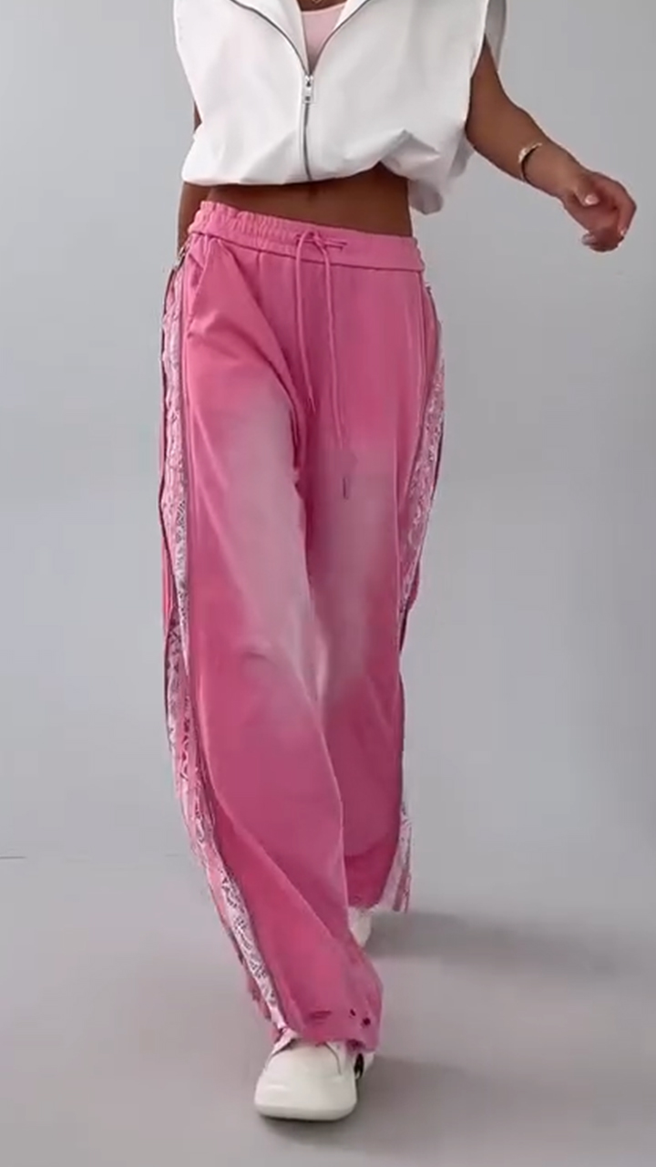 Ladies Drawstring Wash Water Splicing Printed Zipper Casual Pants