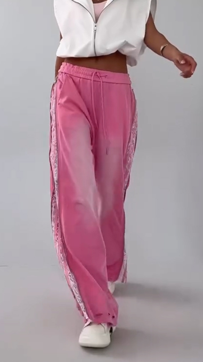 Ladies Drawstring Wash Water Splicing Printed Zipper Casual Pants