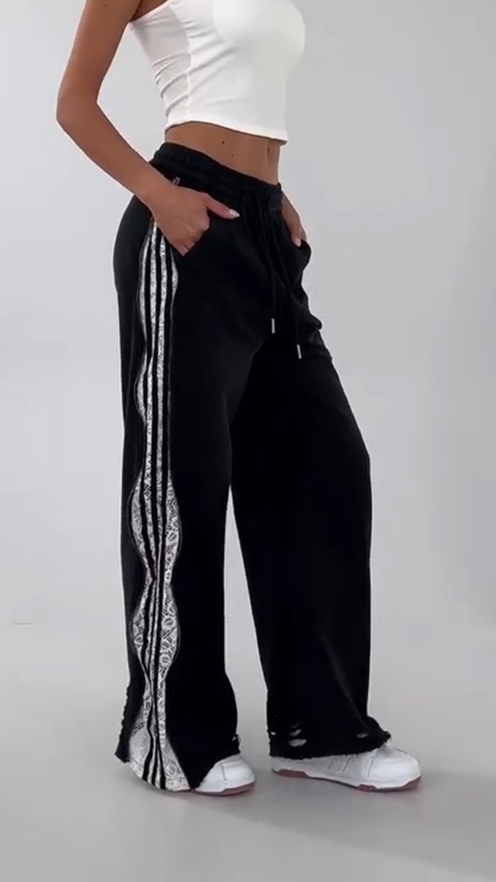 Ladies Drawstring Wash Water Splicing Printed Zipper Casual Pants