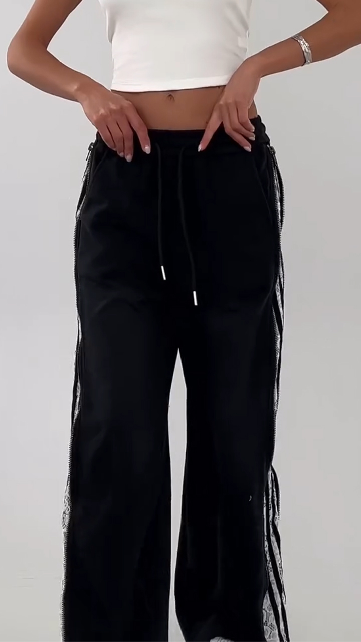 Ladies Drawstring Wash Water Splicing Printed Zipper Casual Pants