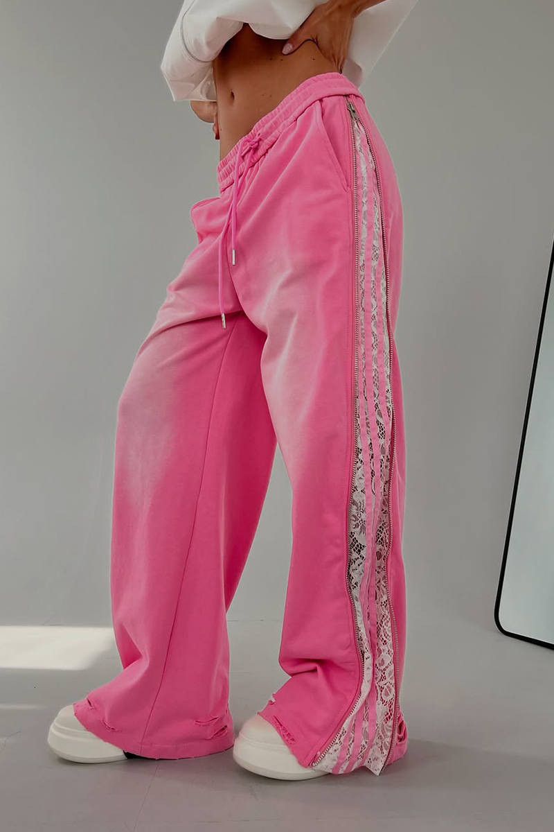 Ladies Drawstring Wash Water Splicing Printed Zipper Casual Pants