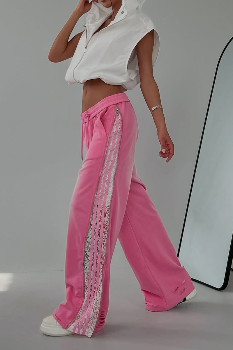 Ladies Drawstring Wash Water Splicing Printed Zipper Casual Pants