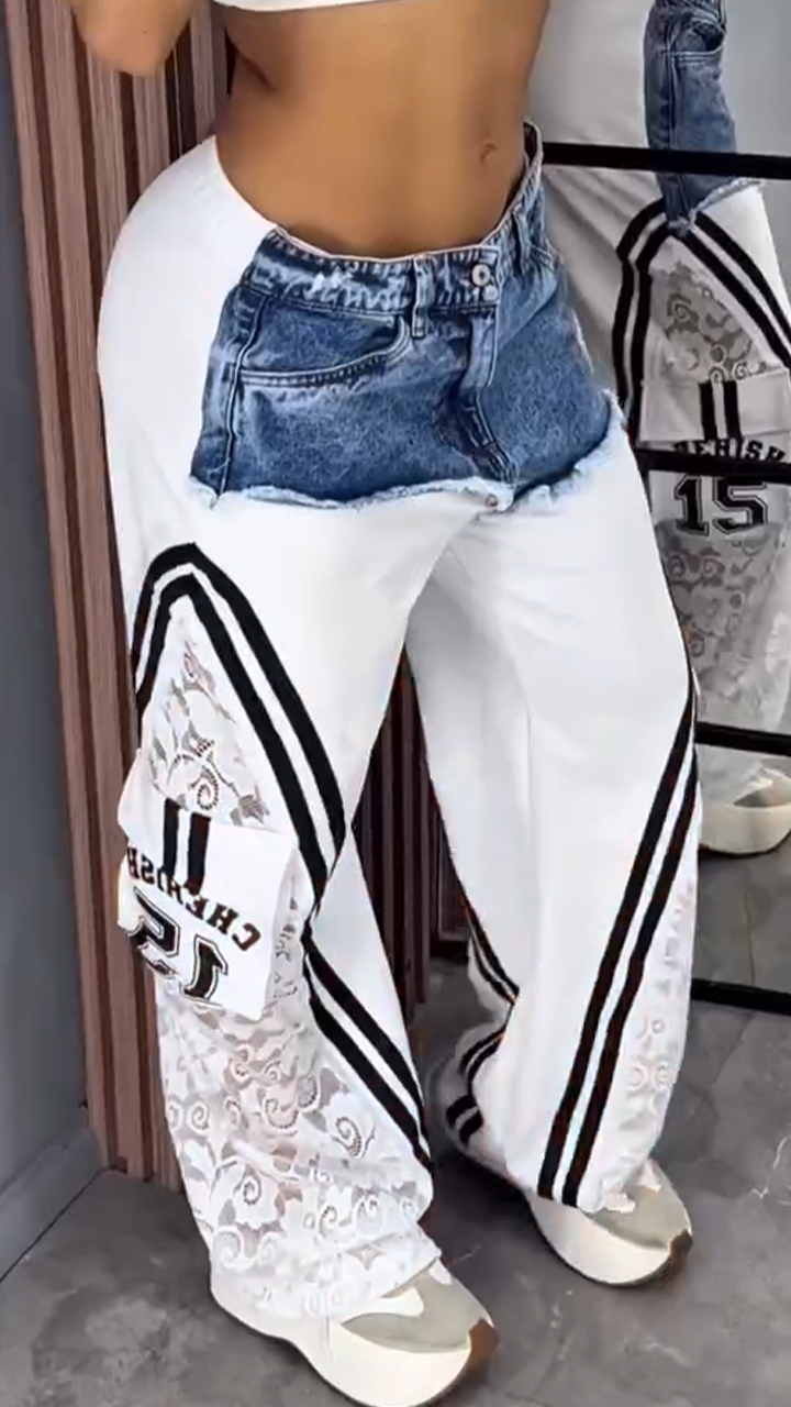 Ladies Spliced Denim Printed Vertical Casual Pants