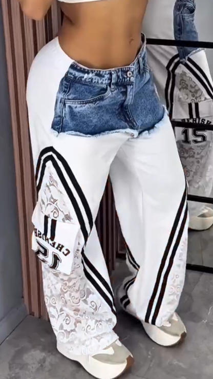 Ladies Spliced Denim Printed Vertical Casual Pants