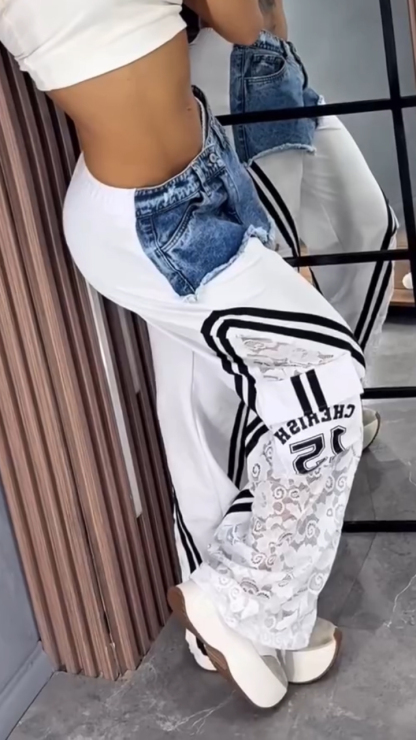 Ladies Spliced Denim Printed Vertical Casual Pants