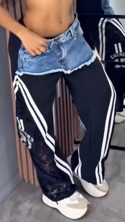 Ladies Spliced Denim Printed Vertical Casual Pants