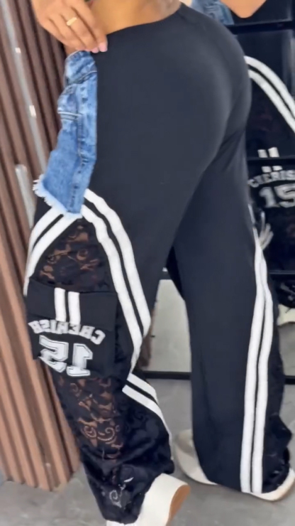 Ladies Spliced Denim Printed Vertical Casual Pants