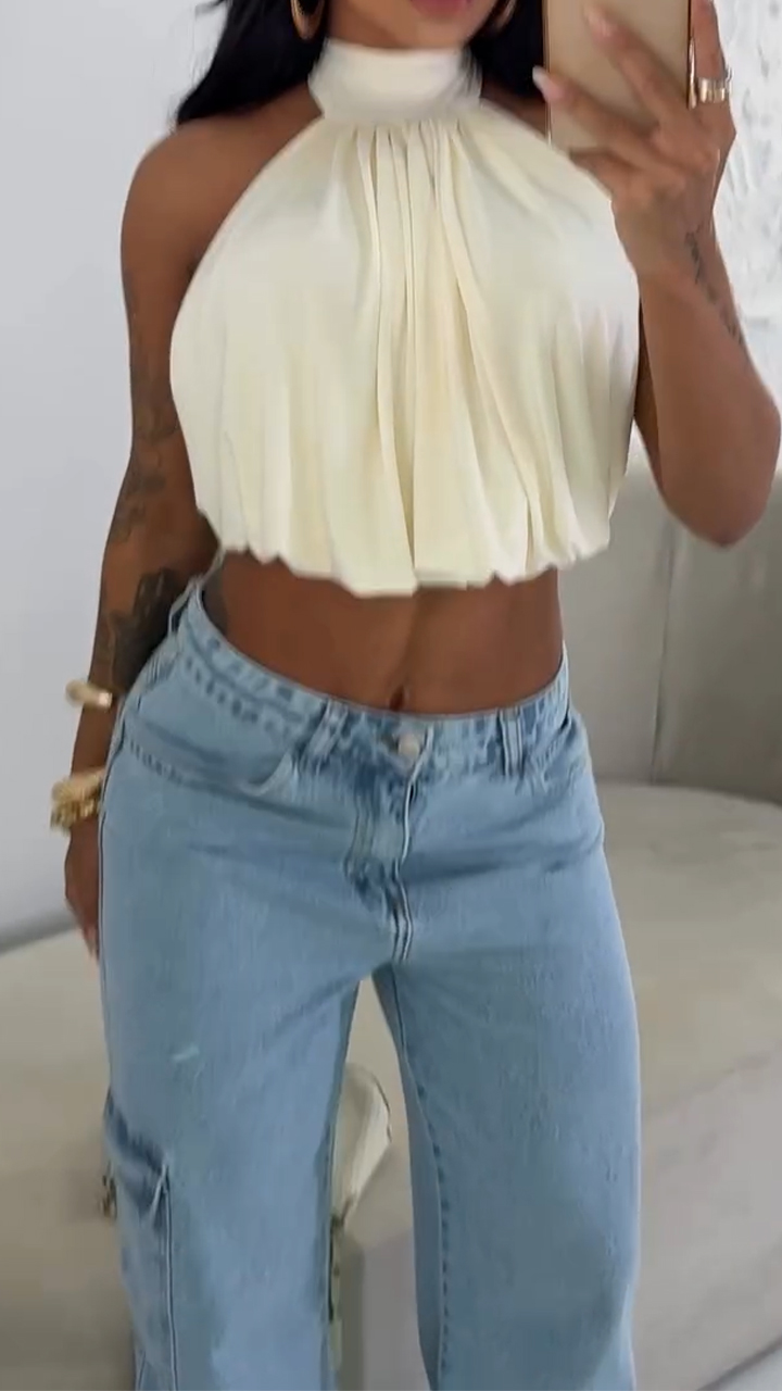 Ladies Neck Hanging Back Hollow Top+ Denim Pants Casual Suit