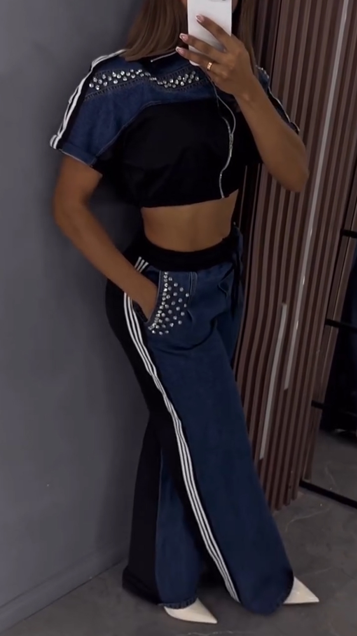 Ladies Collar Hot Stamping Diamond Splicing Zipper Top+ Pants Casual Set