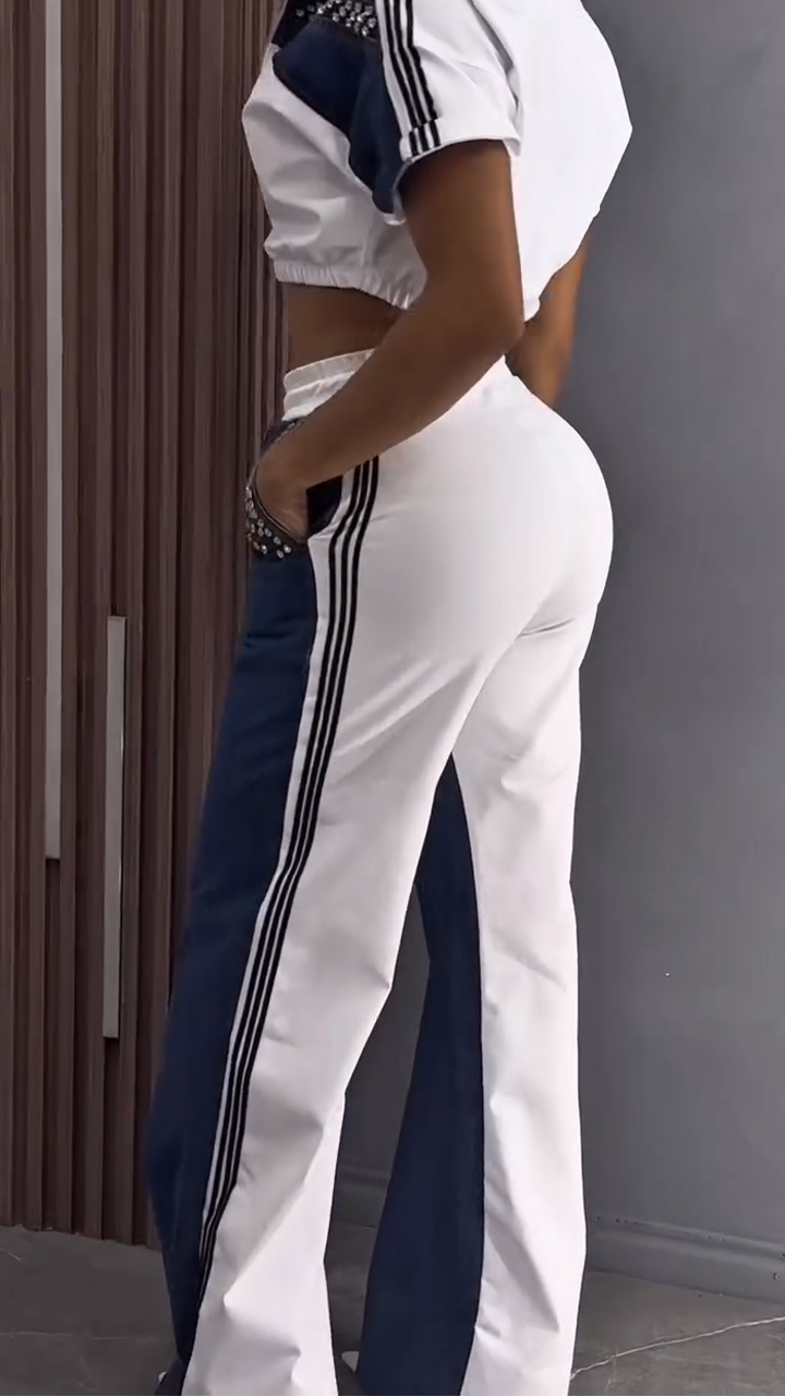 Ladies Collar Hot Stamping Diamond Splicing Zipper Top+ Pants Casual Set