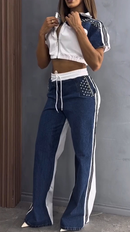 Ladies Collar Hot Stamping Diamond Splicing Zipper Top+ Pants Casual Set