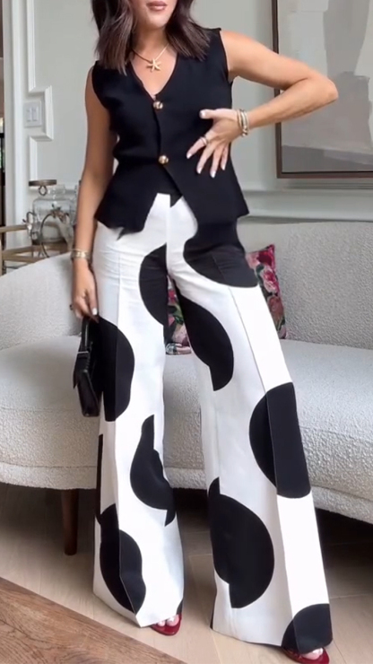 Ladies V-neck Top+ Round Printed Pants Casual Set