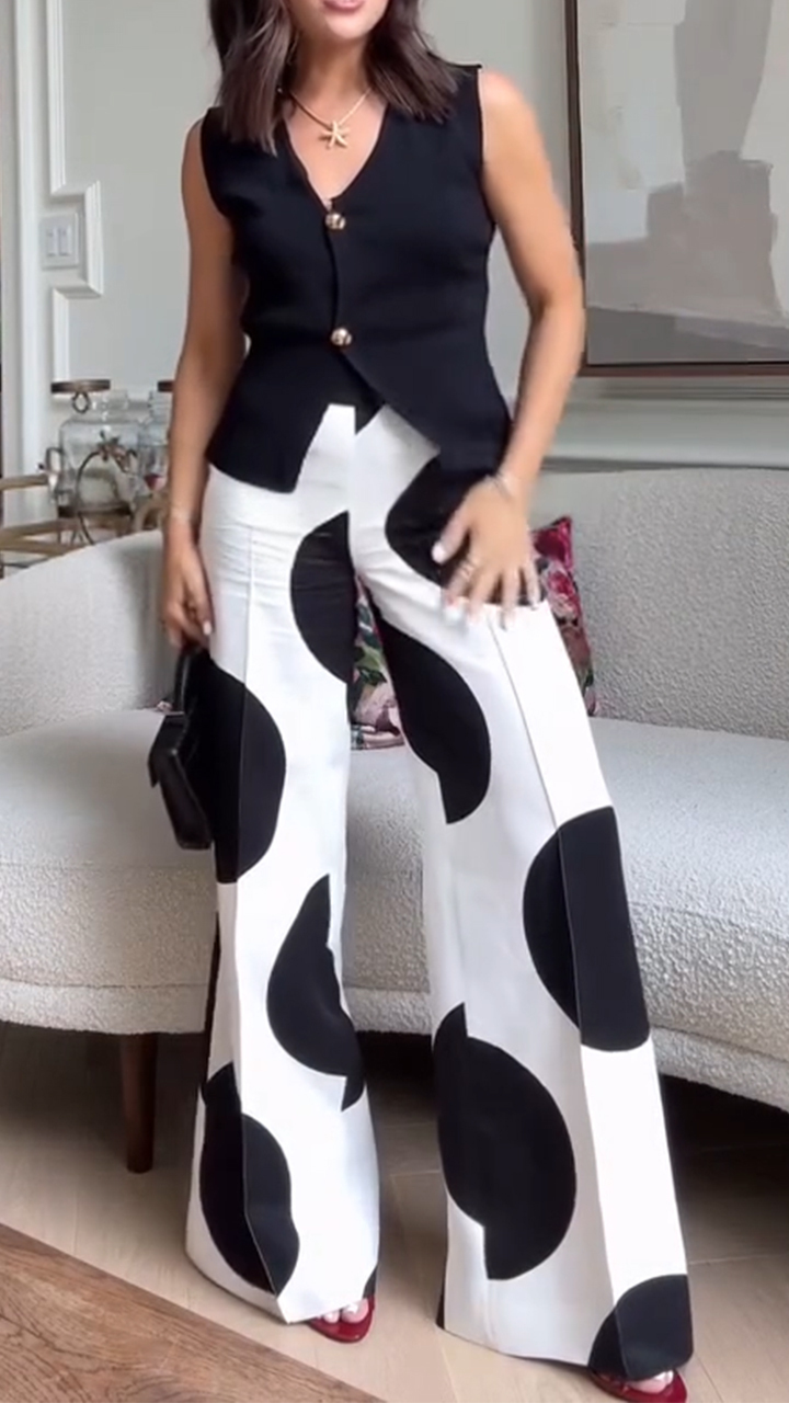 Ladies V-neck Top+ Round Printed Pants Casual Set