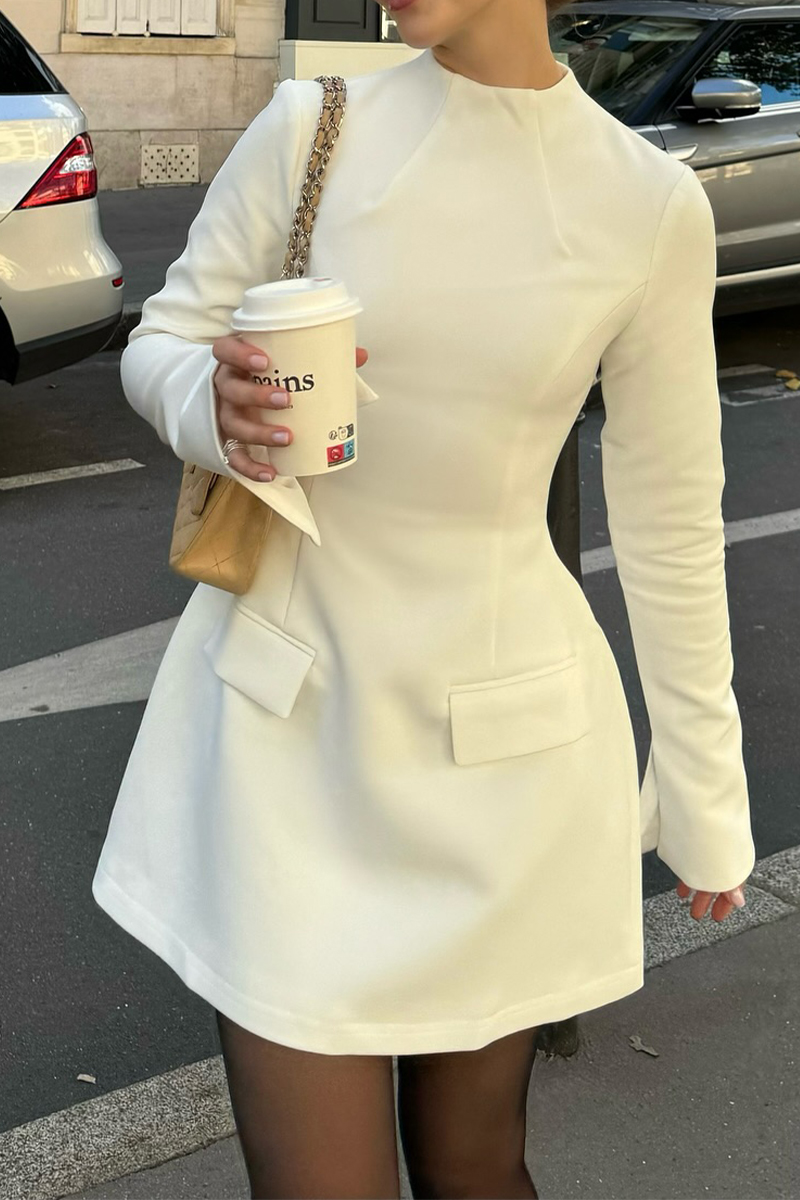 Women Round Neck Solid Color Splicing Elegant Temperament Dress