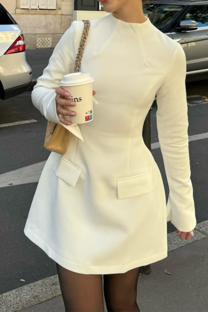 Women Round Neck Solid Color Splicing Elegant Temperament Dress