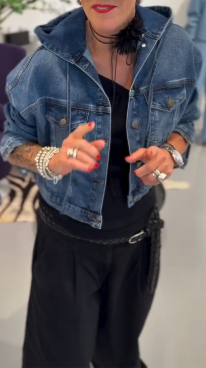 Women Round Neck Hooded Denim Splicing Casual Jacket