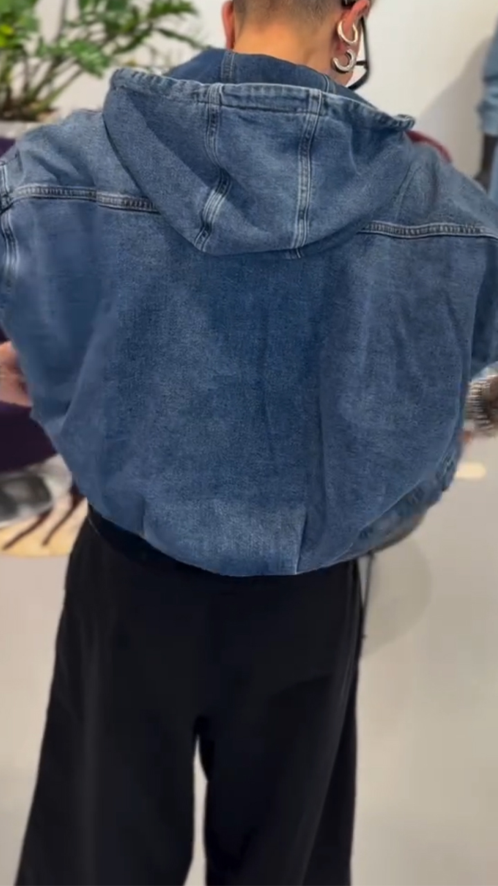 Women Round Neck Hooded Denim Splicing Casual Jacket