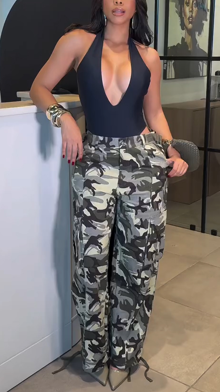 Women Halter Neck Low Collar Top + Pants Sexy Hot Girl Casual Suit