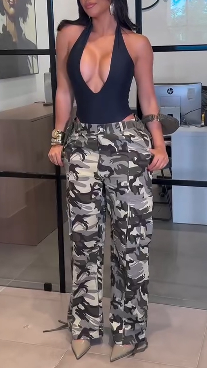 Women Halter Neck Low Collar Top + Pants Sexy Hot Girl Casual Suit