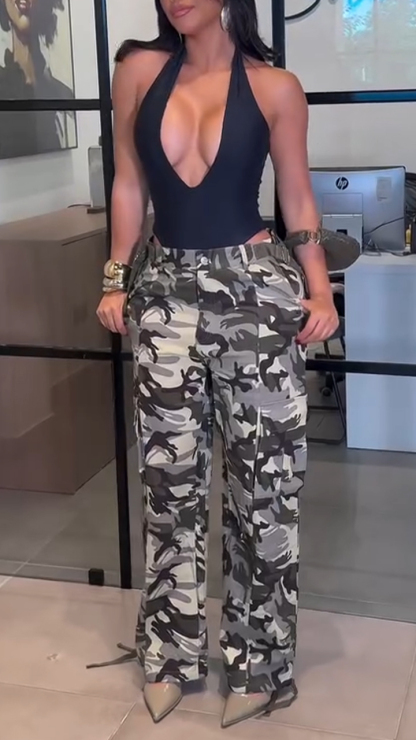 Women Halter Neck Low Collar Top + Pants Sexy Hot Girl Casual Suit