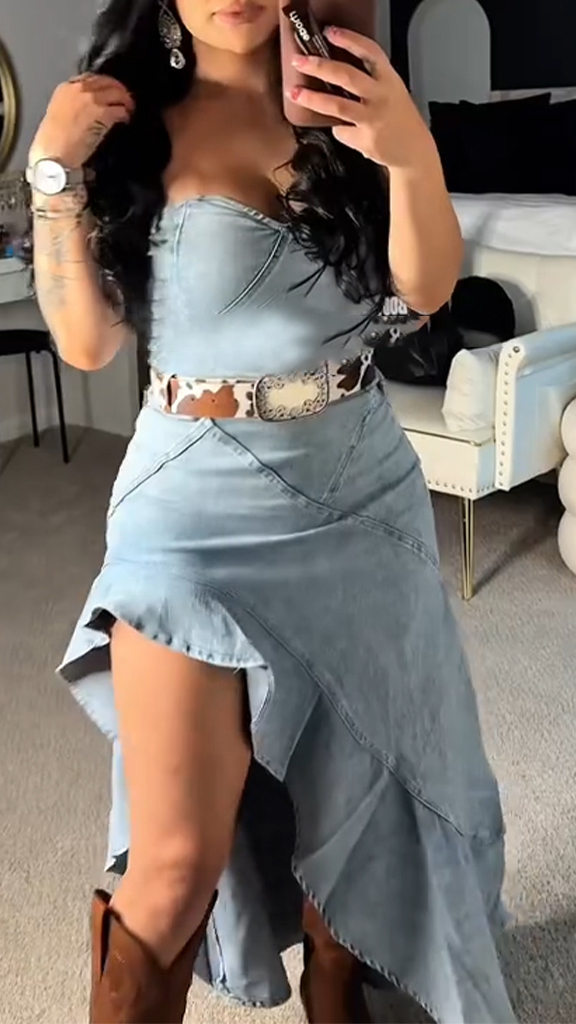 Womens Strapless Stitching Irregular Holiday and Fun Casual Denim Dress