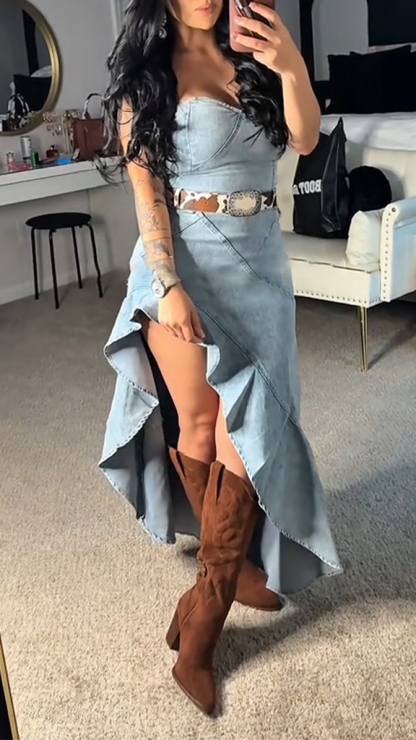 Womens Strapless Stitching Irregular Holiday and Fun Casual Denim Dress