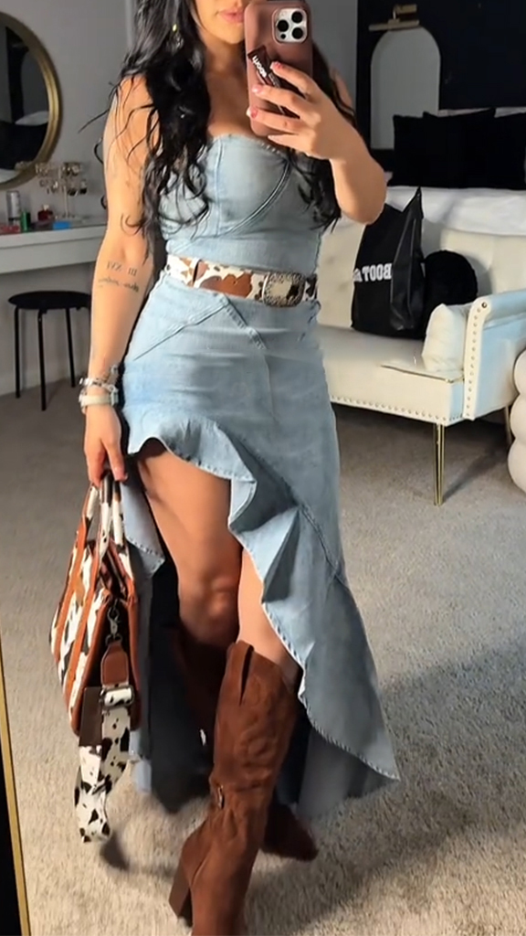 Womens Strapless Stitching Irregular Holiday and Fun Casual Denim Dress