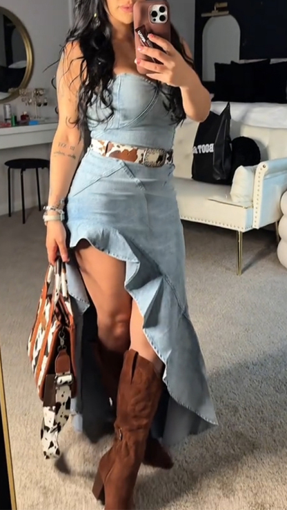 Womens Strapless Stitching Irregular Holiday and Fun Casual Denim Dress