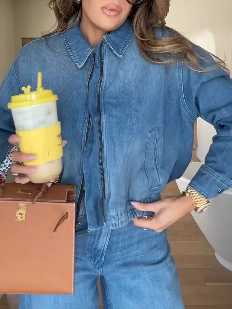 Women Lapel Zipper Washing Casual Denim Jacket