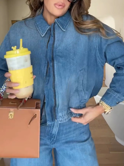 Women Lapel Zipper Washing Casual Denim Jacket