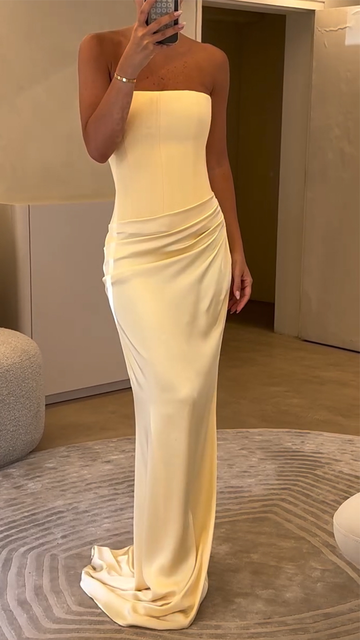 Women Strapless Pleats Solid Color Elegant Temperament Dinner Party Dress