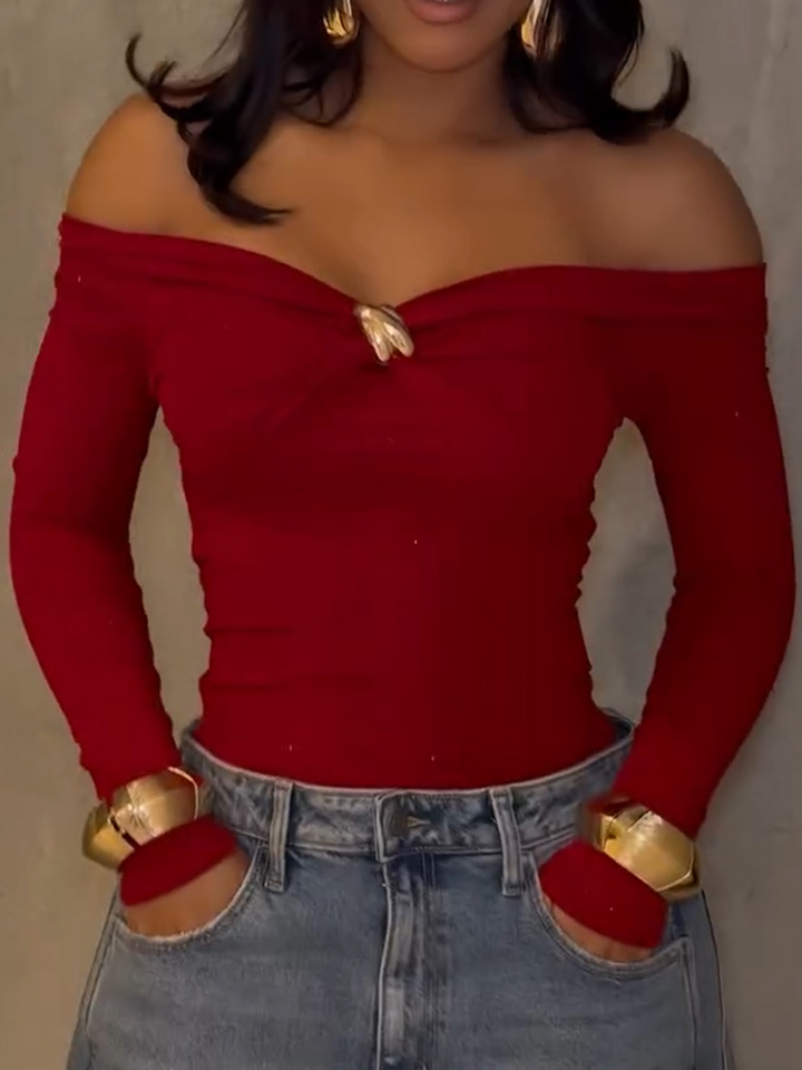 Women One-length Neck Metal Buckle Pleated Temperament Casual Top