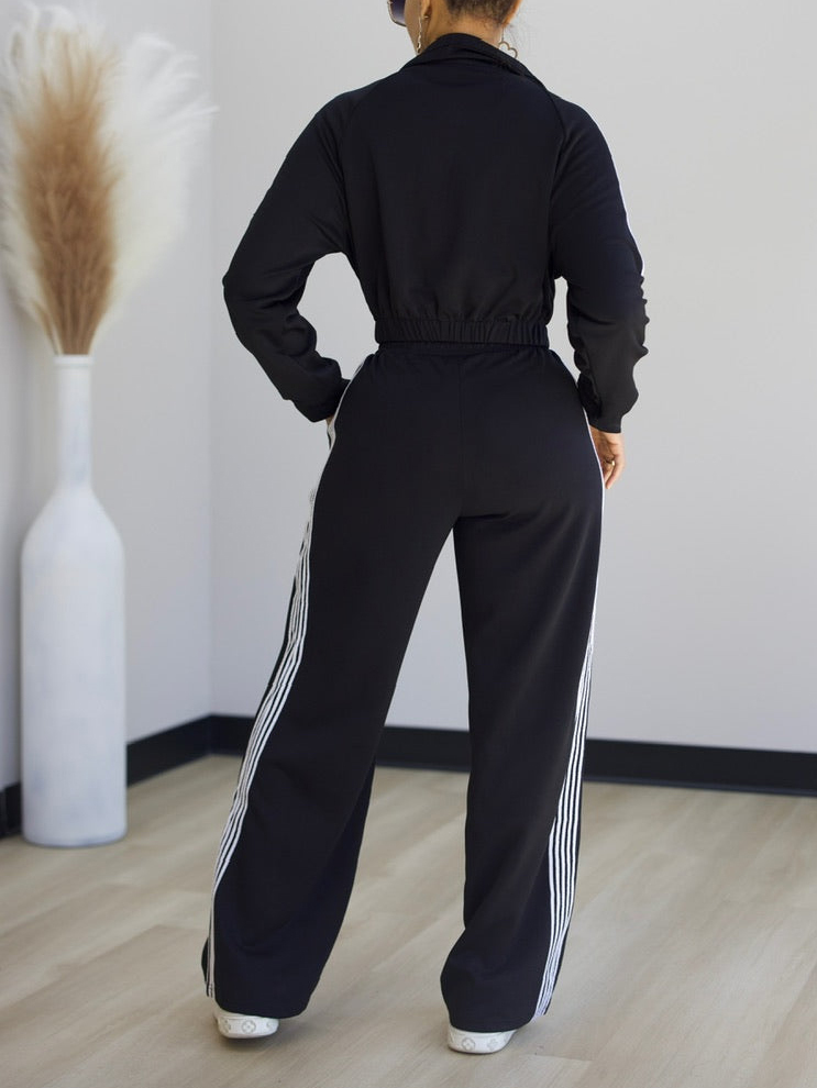 Casual Side Color Block Jacket + Pants Suit