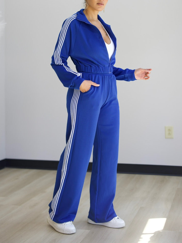 Casual Side Color Block Jacket + Pants Suit