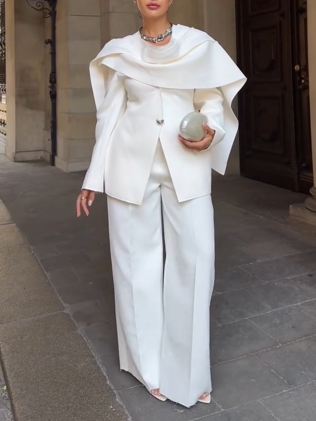 Elegant Cape Collar Blazer + Wide Leg Pants Suit