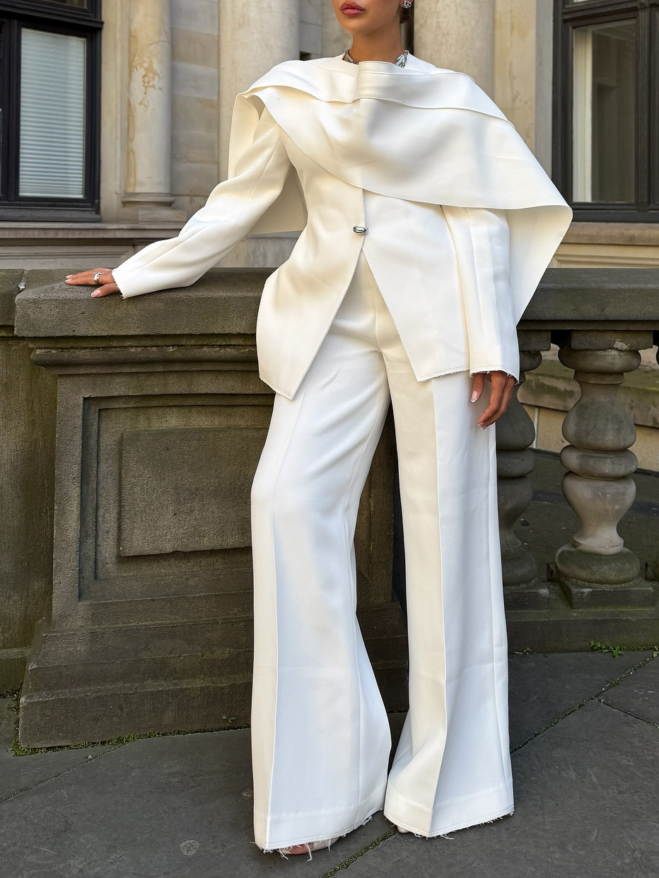 Elegant Cape Collar Blazer + Wide Leg Pants Suit