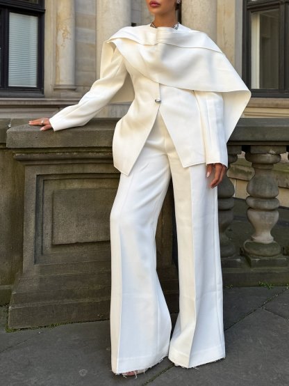 Elegant Cape Collar Blazer + Wide Leg Pants Suit